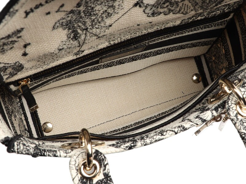 Christian Dior
Black and White Embroidered Toile de Jouy Zodiac Lady D-lite Gold Hardware