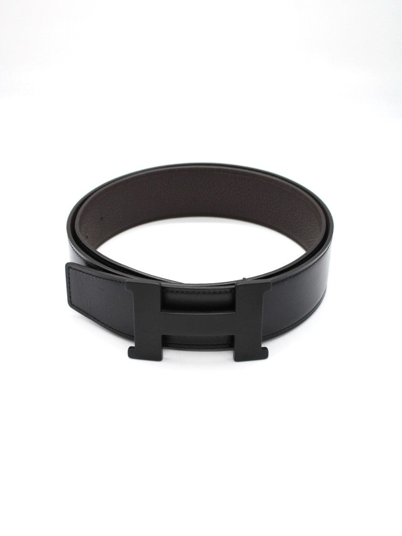 Cintura Hermes Double Pelle Nera Liscia E Pelle Testa Di Moro Martellata